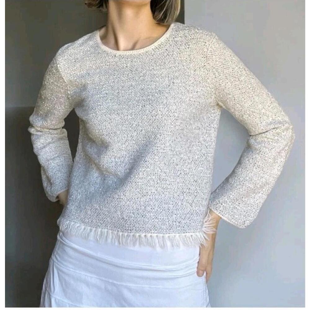 Theory Boucle Cropped Sweater Pullover Crewneck Top Coastal Size M Fringed #R3